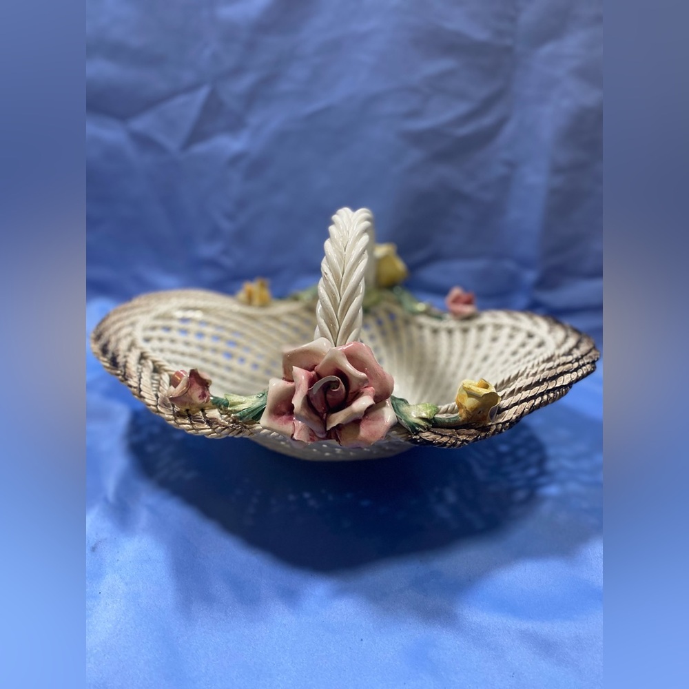 Vintage Capodimonte Italy Large  Porcelain Floral Basket Classic